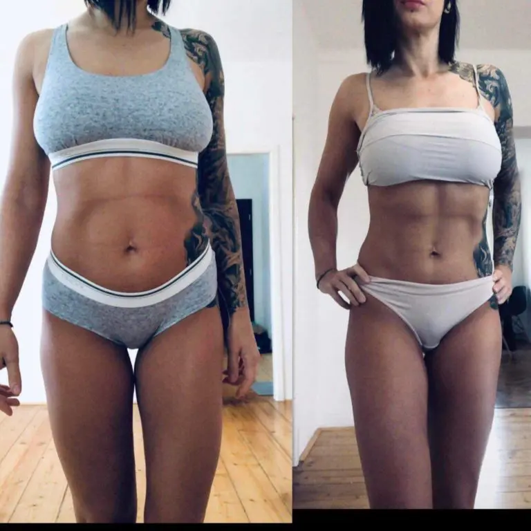 Porovnání osob před a po fitness pokroku, ukazující zvýšenou definici svalů a transformaci těla. Na obou snímcích je stejná osoba v podobném spodním prádle.